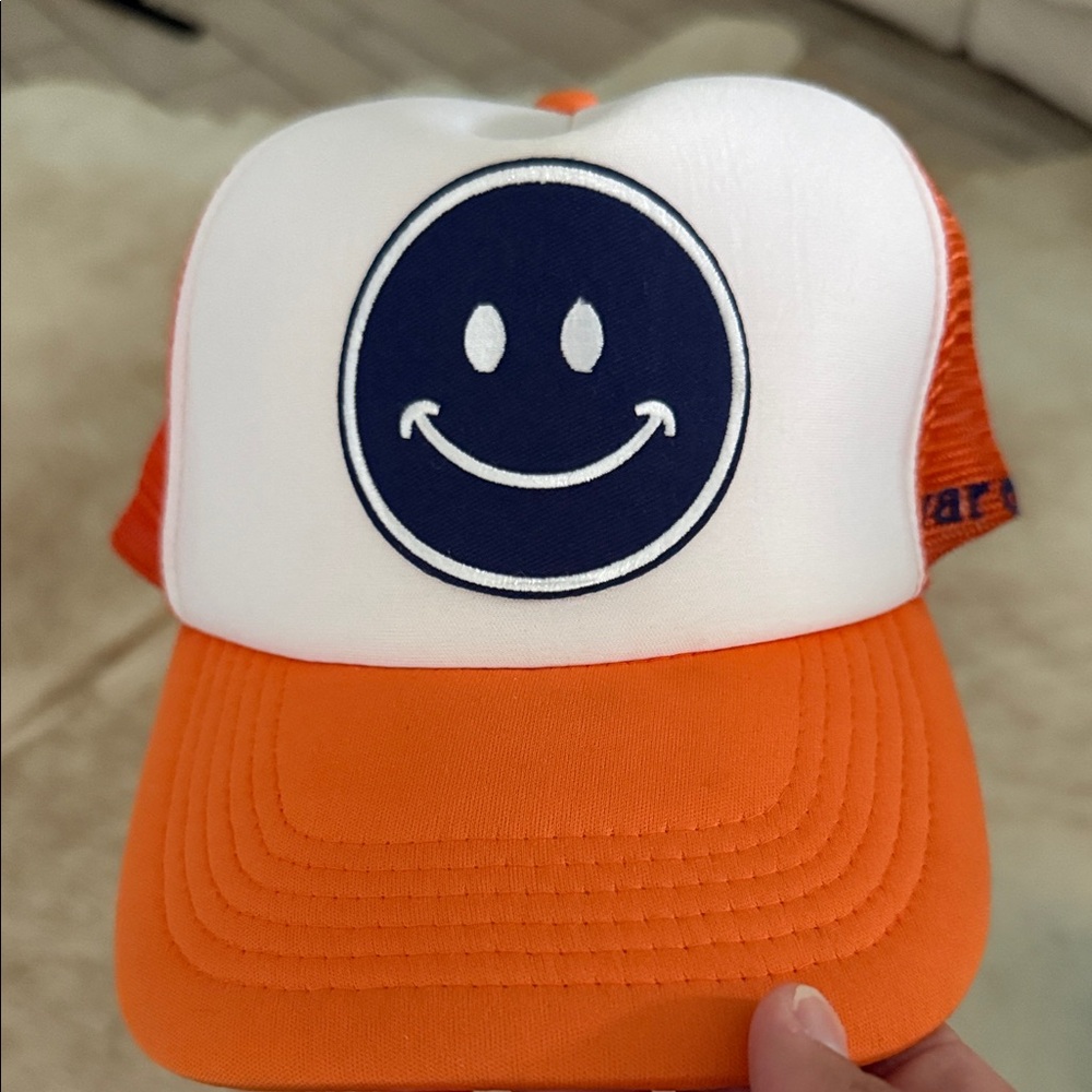 Orange & White Trucker Hat with Navy Smiley Patch & embroidered War Eagle